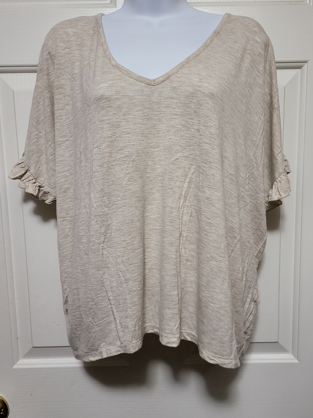 LOFT Light Beige V‑Neck Short Sleeve Top with Ruffle Trim